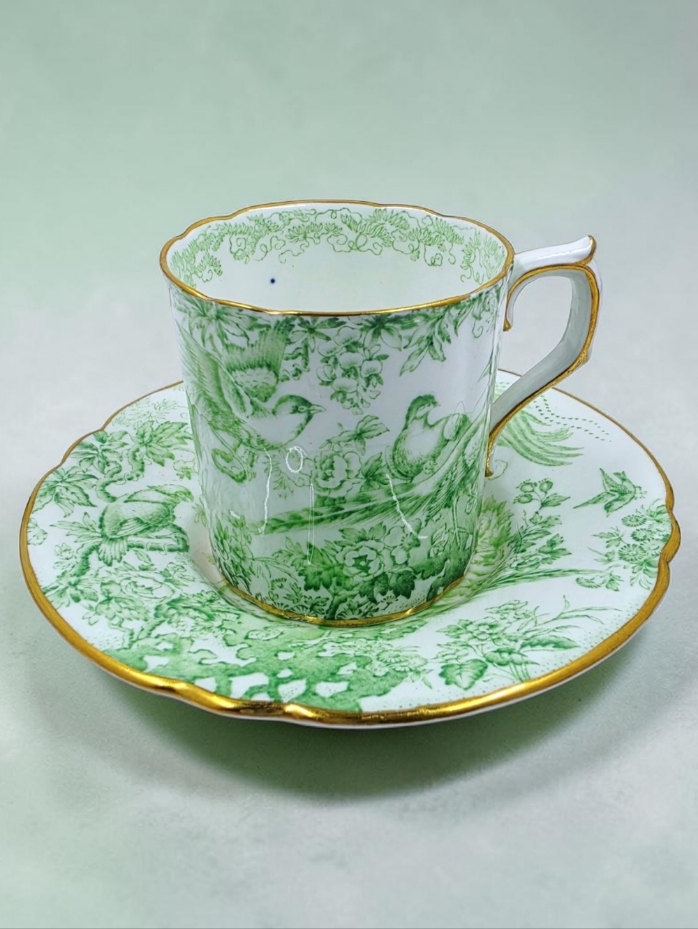 Royal Crown Derby Green Aves Demitasse Flat Cup and Saucer Gold Trim England